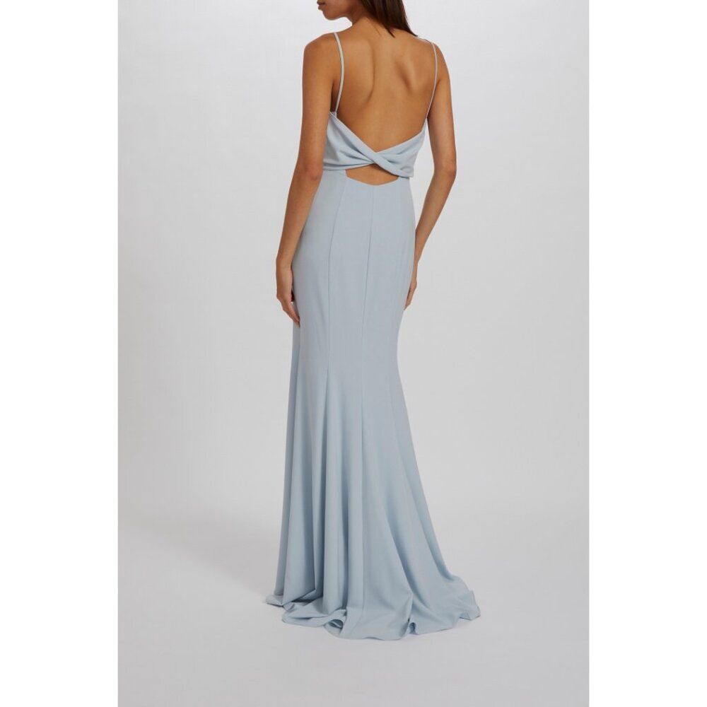 Formal Ice Blue Crepe Evening Gown with Dramatic Open Back Amsale